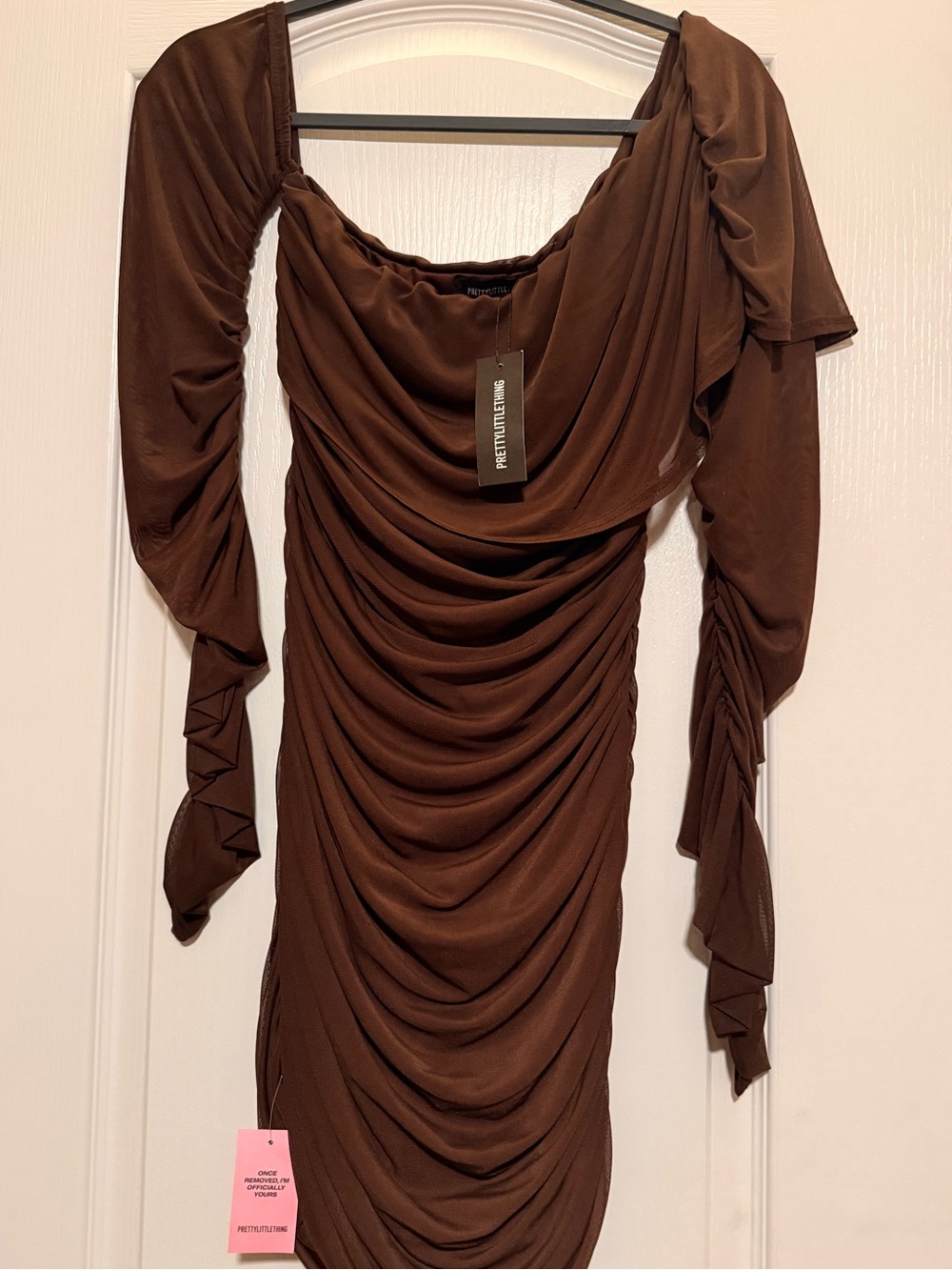 PrettyLittleThing Chocolate Brown Off-Shoulder Ruched Mini Dress - Picture 3 of 5